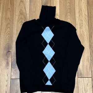 Brooks Brothers Black Merino Wool Turtleneck Sweater with Light Blue Argyle